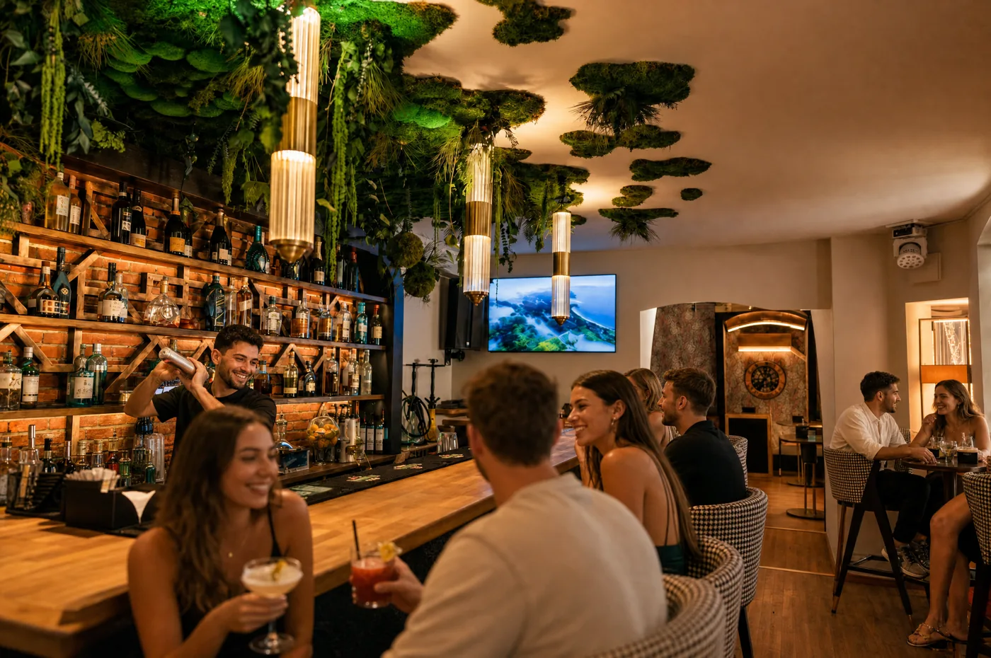 The bar at night: lit bottles and moss ceiling